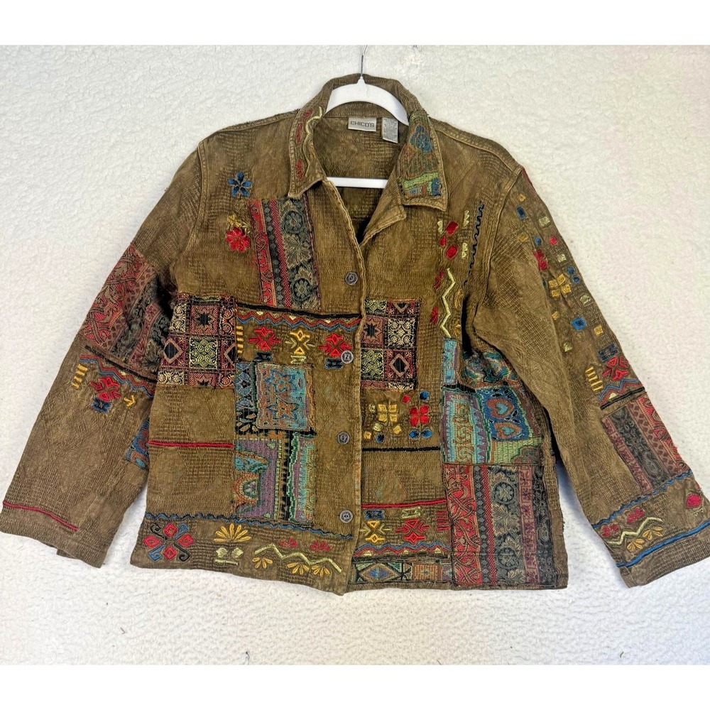 Chico's Jacket Womens 2 Khaki Embroidered Patchwork Tweed Collared Cottagecore